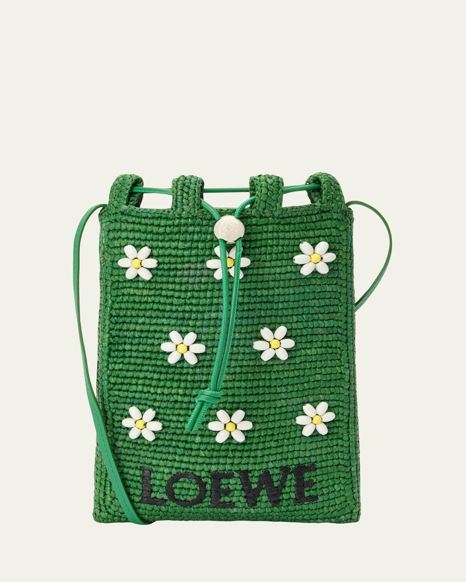 x Paula's Ibiza Drawstring Pocket Flower Crossbody Bag in Raffia